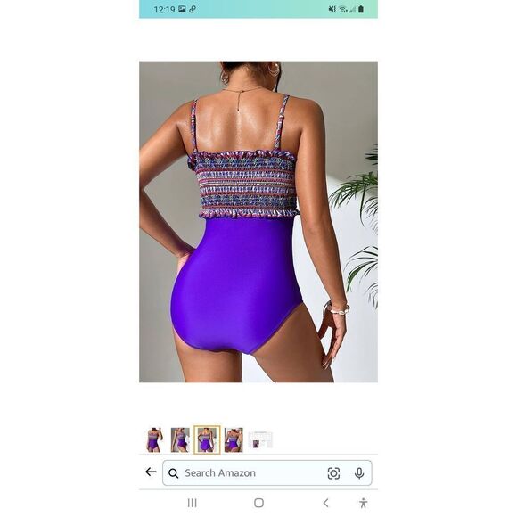 New Medium Modihito Purple Bandeau Ruffled Smocked 1pc Swimsuit Bathing Suit NWT - Picture 3 of 8